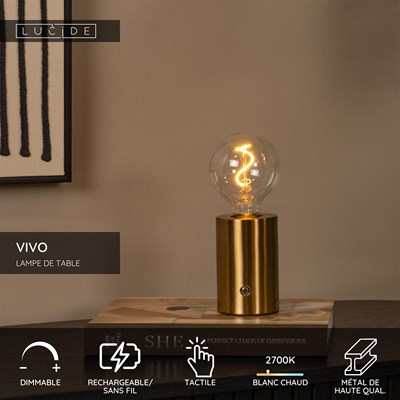 Lucide VIVO - Lampe de table Rechargeable - Batterie/Piles - Ø 8 cm - LED Dim. - E27 - 1x1W 2700K - Or Mat / Laiton
